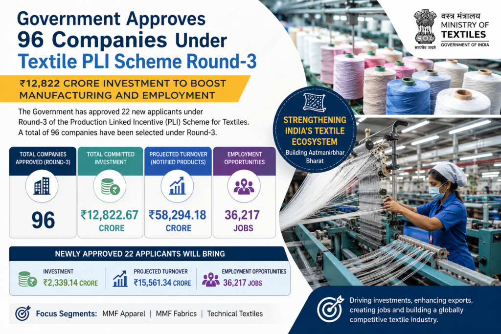 Government approves 96 Companies under round-III of Textile PLI Scheme; ₹12,822 crore investment to boost manufacturing and employment